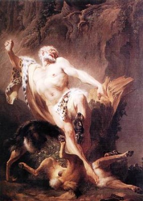 Σύγχρονος πίνακας που απεικονίζει τον Μίλωνα να παλεύει με τα άγρια θηρία