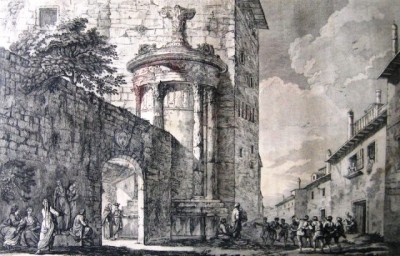 Το Μνημείο του Λυσικράτη ενσωματωμένο στην Μονή Καπουτσίνων και η οδός Τριπόδων, 1758. Φωτογραφία από "Η Αθήνα μέσα στο Χρόνο"