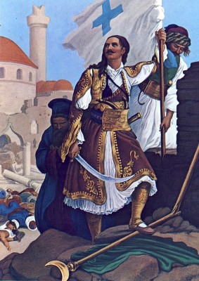 Πίνακας του Πέτερ φον Ες με θέμα την άλωση της Τριπολιτσάς. Ο Παναγιώτης Κεφάλας υψώνει την επαναστατική σημαία στις επάλξεις των τειχών της πόλης. Αν δεχθούμε τη συνεργασία του Παπαφλέσσα με τον Κεφάλα για την κατασκευή της σημαίας ως γεγονός, τότε ο Γερμανός καλλιτέχνης δεν απέδωσε στη σωστή θέση τα χρώματα.