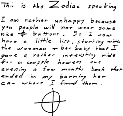 Γράμμα του Ζόντιακ που αναφέρει την απαγωγή της Κάθλιν Τζονς. Δεν έχει εξακριβωθεί η εγκυρότητα της δήλωσής του