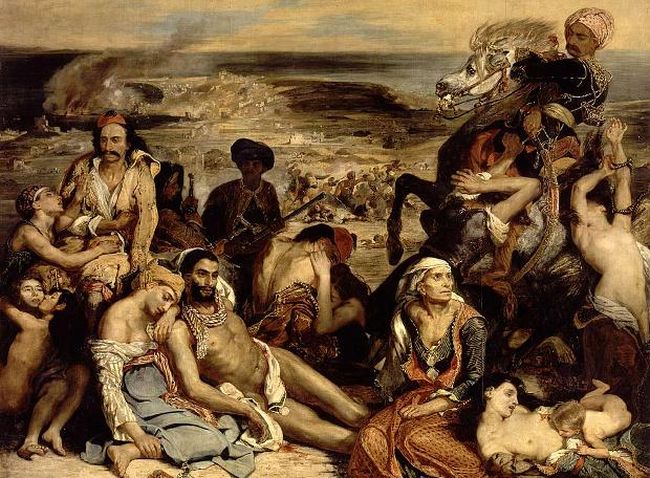 Σκηνή από τη «Σφαγή της Χίου», 1824 Λούβρο. Ο Ευγένιος Ντελακρουά ζωγράφισε τον πίνακα σε οχτώ μήνες και αγοράστηκε από την Γαλλική κυβέρνηση για 6.000 νομίσματα, διαστάσες 4,17 επί 3,54 
