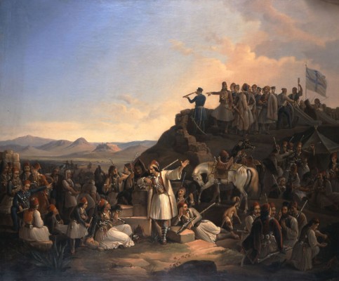Το στρατόπεδο του Καραϊσκάκη στην Καστέλα. Πίνακας ζωγραφικής του Θεόδωρου Βρυζάκη. Φιλοξενείται στην Εθνική Πινακοθήκη της Ελλάδας – Μουσείο Αλεξάνδρου Σούτζου.