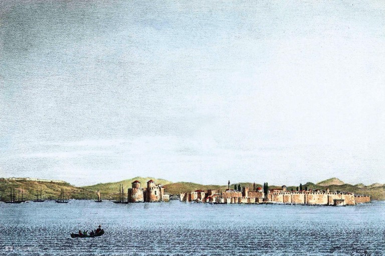 Etienne Rey, 1867, άποψη Χαλκίδας και Ευρίπου [λεπτομέρεια], από το έργο: "Voyage pittoresque en Grèce et dans le Levant fait en 1843-1844".