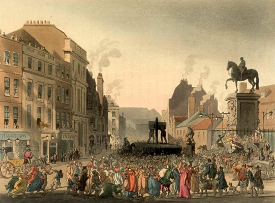 The pillory at Charing Cross in London, c. 1808.