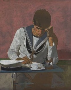 Νάυτης που διαβάζει, ένα από τα πιο γνωστά μοτίβα του Γιάννη Τσαρούχη στους πίνακές του.