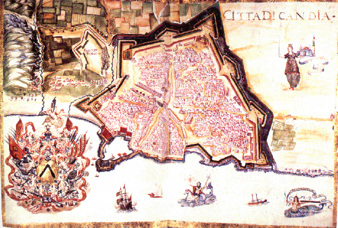 Η οχύρωση του Χάνδακα. Τα δύο ακριανά φρούρια Άγιος Ανδρέας και Σαμπιονέρα και στην αιχμή το Μαρτινέγκο