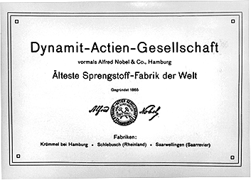 Το 1865 ο Άλφρεντ Νόμπελ καταχωρεί στο εμπορικό μητρώο του Αμβούργου την εταιρία Alfred Nobel & Company