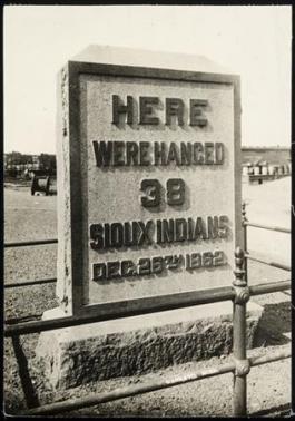 Handout photo from the Minnesota Historical Society depicts a monument indicating where the thirty-eight Sioux Indians were hanged following the U.S.-Dakota War of 1862, in Mankato, Minnesota