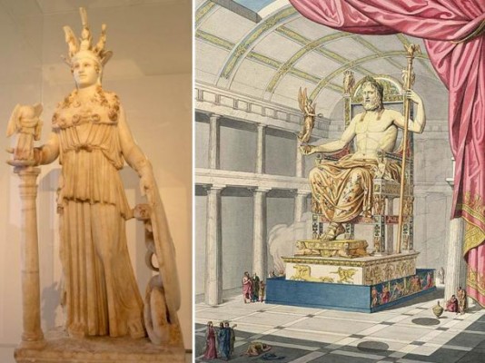 Left: 2nd century CE sculpture, small replica of the Athena Parthenos of Phidias (Wikipedia). Right: Artist’s impression of Zeus sculpture by Phidias Read more: http://www.ancient-origins.net/history-famous-people/masterful-works-ancient-sculptor-phidias-002335#ixzz3W0EU8QFR Follow us: @ancientorigins on Twitter | ancientoriginsweb on Facebook 