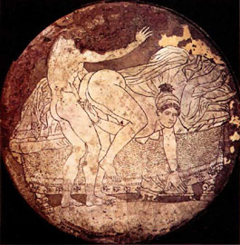Ερωτική σκηνή σε ορειχάλκινο καθρέφτη από την Κόρινθο. Μέσα του 4ου αι. π.Χ. Μουσείο Καλών Τεχνών Βοστώνης.