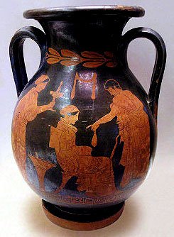Πόρνη με πελάτη της. (Αττική πελίκη, 430 π.Χ., Εθνικό Αρχαιολογικό Μουσείο Αθήνας).