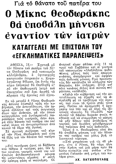 Δημοσίευμα της εφημερίδας ¨ΜΑΚΕΔΟΝΙΑ" από τις 18 Μαϊου 1977 με τις καταγγελίες του Μίκη Θεοδωράκη σχετικά με τον θάνατο του πατέρα του.