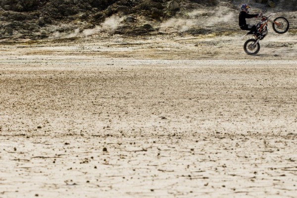 Julien Dupont performs at space riding, at Nisyros island in Greece on April 15th, 2015