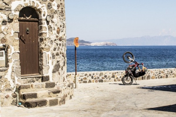 Julien Dupont performs at space riding, at Nisyros island in Greece on April 15th, 2015