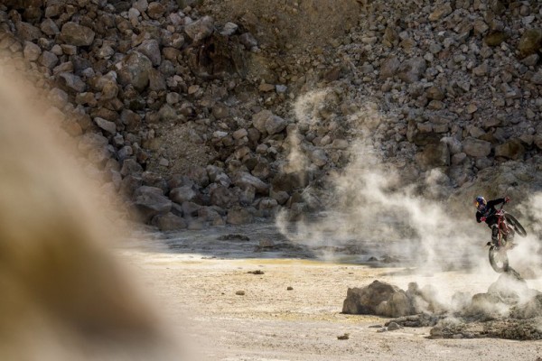 Julien Dupont performs at space riding, at Nisyros island in Greece on April 15th, 2015