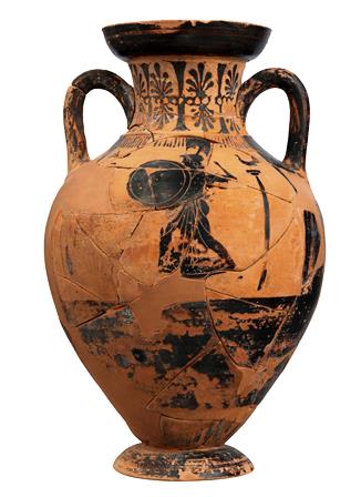 Αμφορέας Παναθηναϊκού σχήματος με παράσταση οπλισμένης Αθηνάς και αγώνα δρόμου που είχε χρησιμοποιηθεί ως τεφροδόχος.