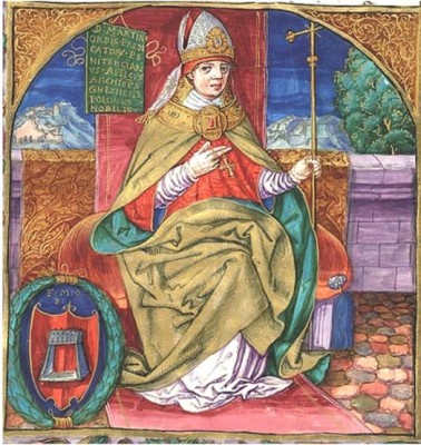O Μαρτίνος Πολόνο , ο Δομινικανός μοναχός ο οποίος έγραψε μια εκτενή αναφορά για την Πάπισσα Ιωάννα χωρίς όμως να αποκαλύψει τις πηγές του. Εδώ απεικονίζεται ως αρχιεπίσκοπος του Gniezno , χειρόγραφο που χρονολογείται πριν το 1535. 