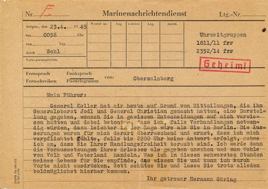 Το "μοιραίο" τηλεγράφημα του Γκέρινγκ στον Αδόλφο Χίτλερ