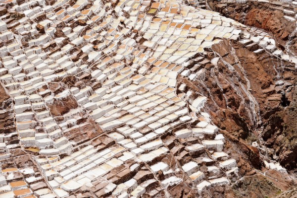 Salt pans built on terraces near Maras, Peru. The pans are fed by a natural spring and the salt has been collected since pre-Inca times.