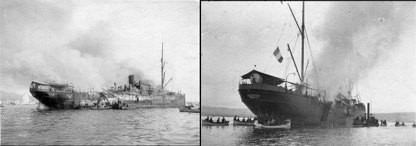 το πλοίο "Guadalkivir" που ελλιμενιζόταν στον κόλπο της Θεσσαλονίκης, μετά την βομβιστική ενέργεια που έγινε ταυτόχρονα σε θάλασσα και ξηρά. 