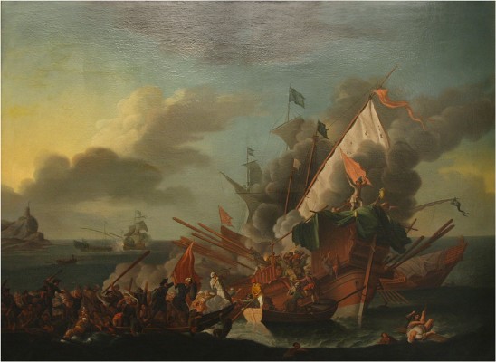 A sinking Ottoman Navy vessel, painting by Pieter Brünniche, 1762.