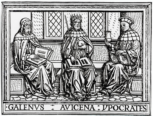 1511 --- Original caption: 1511-Avicenna: Avicenna, Galenus, Hippocrates. From an early medical book. Woodcut, 1511. --- Image by © Corbis