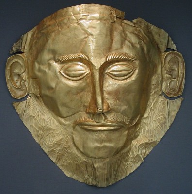 Η νεκρική μάσκα γνωστή ως "Μάσκα του Αγαμέμνονα". Χρυσή, βρέθηκε στον Τάφο Ε στις Μυκήνες από τον Ερρίκο Σλήμαν (1876), 16ος αιώνας π.Χ., Αρχαιολογικό Μουσείο Αθήνας