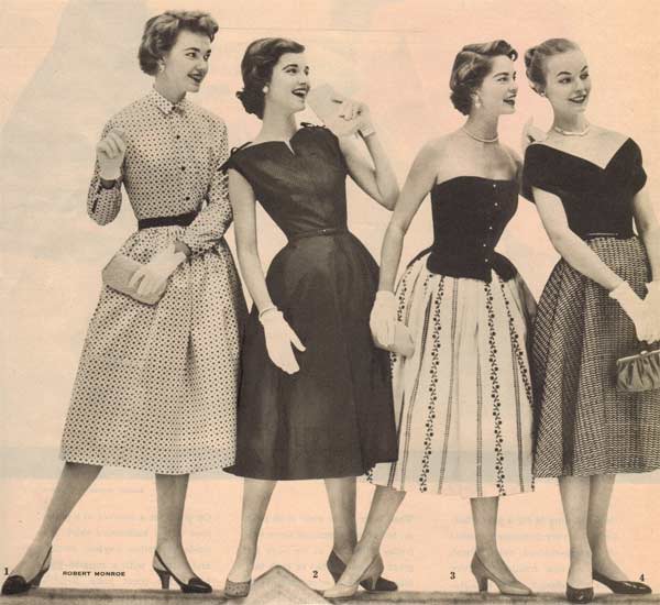 Τη δεκαετία του '50, οι σιλουέτες έμοιαζαν πολύ με αυτές του '40, με μόνη διαφορά ότι τόνιζαν περισσότερο τη μέση και το στήθος. Παράλληλα, οι πιο τολμηρές γυναίκες άρχισαν να φορούν παντελόνια και το τζιν άρχισε σταδιακά να διαδίδεται στην αγορά.