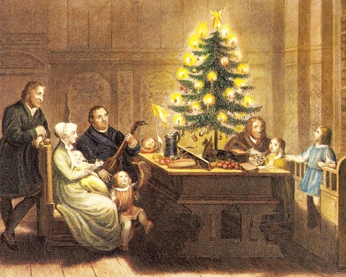 Απεικόνιση του Λούθηρου και της οικογένειάς του μπροστά στο στολισμένο δέντρο