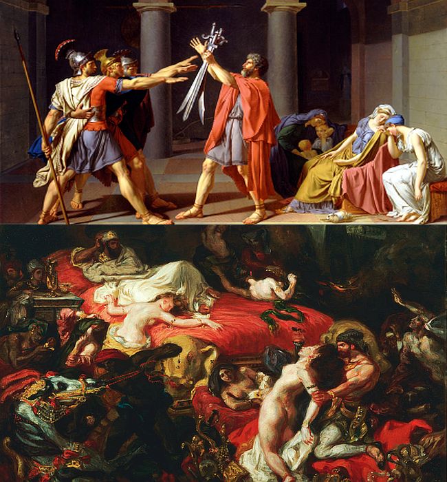 Πάνω, ένας "κλασικός" πίνακας. "Ο Όρκος των Οράτιων" του Ζακ-Λουί Νταβίντ. Κάτω, ένας "ρομαντικός" πίνακας. "Ο Θάνατος του Σαρδανάπαλου" του Ντελακρουά
