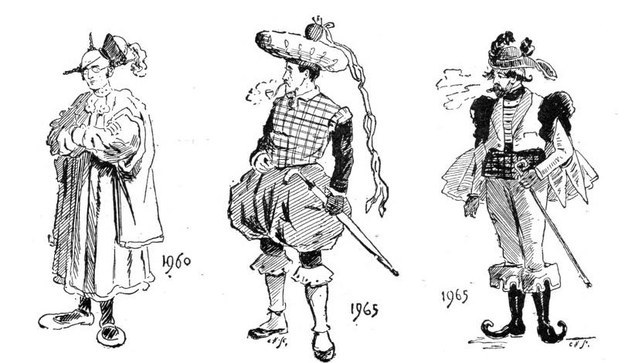 Η αντρική μόδα της δεκαετίας του '60 εμπνέεται πάλι από τα ρούχα του παρελθόντος, όπως τα κολάν και τα κοντά, φουσκωτά παντελόνια του 16ου αιώνα. Ιδιαίτερη προσοχή δίνεται στα καπέλα, που έπαιρναν εξαιρετικά ευφάνταστες μορφές.