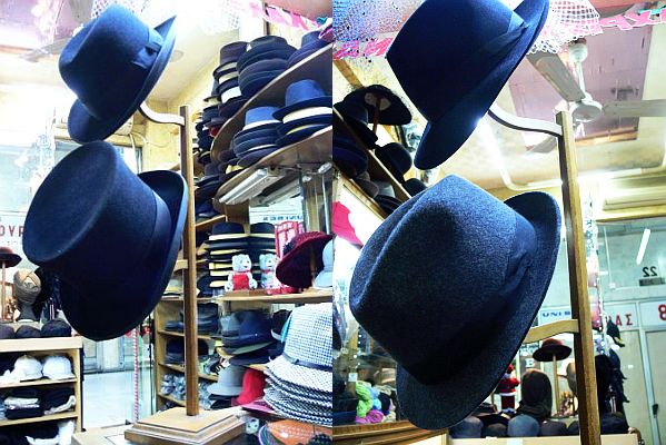 Αριστερά πάνω: Καπέλο "Bowler". Το στυλ έκανε διάσημο ο Τσάρλι Τσάπλιν. Η αξία του καπέλου της φωτογραφίας φτάνει τα 500 ευρώ. Αριστερά κάτω: Ημίψηλο καπέλο από τη δεκαετία του '20. Η αξία του φτάνει τα 600 ευρώ. Δεξιά: Καπέλα "φεδόρα".
