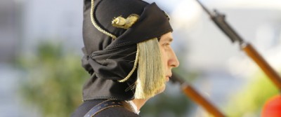 Close-up of an Evzone (Greek Presidential Guard), dressed in