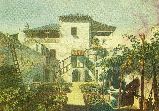 "Πίνακας του 1800 και στον οποίον φαίνεται εντοιχισμένο το Μνημείο του Λυσικράτους. Στα δεξιά της εικόνας ο Πατήρ Αγαθάγγελος. Ο διάδοχός του Ουρβανός έσωσε το μνημείο από τον Έλγιν." «Η Αθήνα μέσα στο Χρόνο»