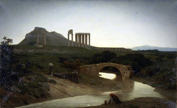 Αθήνα 1852 -1854 περ. Ο Ιλισσός το μονότοξο γεφύρι κοντά στην Αγία Φωτεινή, το Ολυμπίειον και ο Λυκαβηττός. Μια γυναίκα σε πρώτο πλάνο παίρνει νερό από το ποτάμι. Στην αντίπερα όχθη μια γυναίκα άλλης κοινωνικής τάξης με δυτική ενδυμασία και παρασόλι κατηφορίζει προς τον Ιλισσό. 'Εργο του Γάλλου ζωγράφου Alfred de Curzon που εκτέθηκε στο Παρίσι στο Salon 1861 δηλαδή τη έκθεση της Σχολής Καλών Τεχνών. Ο Alfred de Curzon επισκέφθηκε την Ελλάδα μεταξύ 1851 και 1854 μαζί με το γάλλο δημοσιογράφο και συγγραφέα Edmond About και τον μετέπειτα διάσημο αρχιτέκτονα Charles Garnier.