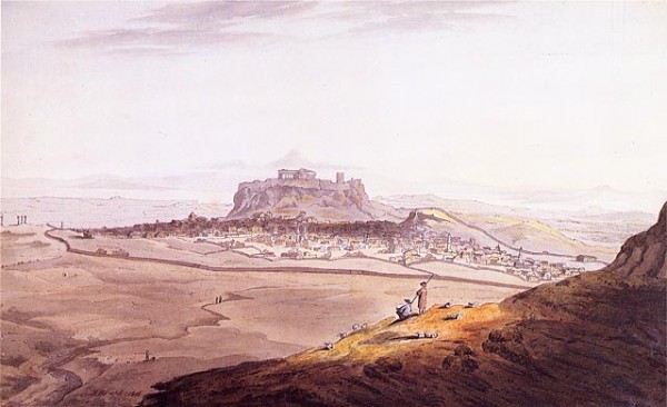 Άποψη της πόλης των Αθηνών, σε πίνακα του Richard Temple, όπως την αντίκρισαν ο λόρδος Βύρωνας και ο βαρώνος Hobhouse το έτος 1810. Στο αριστερό άκρο της εικόνας διακρίνεται η Πύλη του Αδριανού και στο δεξιό το Θησείο. Σε πρώτο πλάνο αριστερά, η ρεματιά που αργότερα εξελίχθηκε στις οδούς Δημοκρίτου-Βουκουρεστίου (Πηγή: J. C. Hobhouse, A journey through Albania and other provinces of Turkey in Europe and Asia, to Constantinople, during the years 1809 and 1810, Λονδίνο 1813).