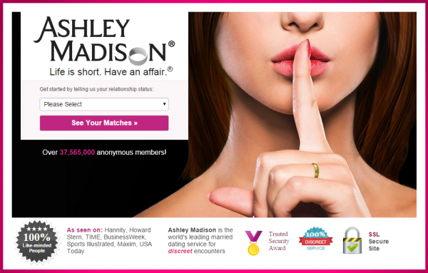 Το homepage της ιστοσελίδας "www.ashleymadison.com"