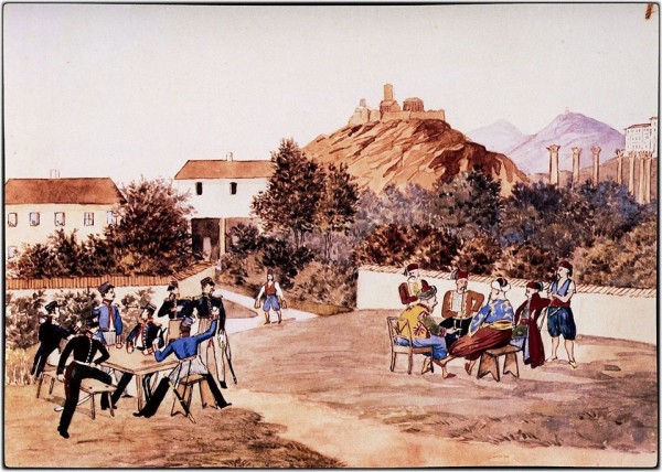 Στην Αθήνα του Όθωνα, 1837. Υδατογραφία. - Ludwig Köllnberger. "Βαυαροί αξιωματικών και στελέχη της Τουρκικής πρεσβείας στην Αθήνα σε χωριστές παρέες. Η πρώτη παρέα εύχεται στην δεύτερη παρέα «Εις υγείαν». Köllnberger Ludwig (1811-1892). Εθνικό Ιστορικό Μουσείο."Στο βάθος η Ακρόπολη με τον Πύργο του Σερπεντζέ. Δεξιά οι Στύλοι του Ολυμπίου Διός. Πιθανόν η μπυραρία ΦΙΞ. 