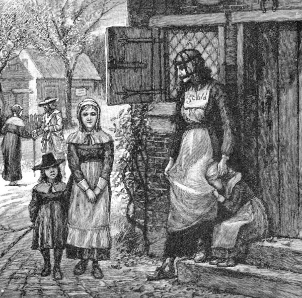 Λιθογραφία του 1885, που απεικονίζει μια "κουτσομπόλα" ή μια "γκρινιάρα σύζυγο", να φοράει το "χαλινάρι του κουτσομπολιού"!