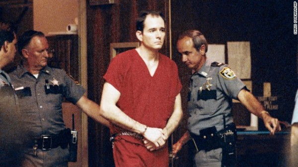 Danny Rolling greets his public defender Trish Jenkins as his mental competency hearing continues at the Marion County Courthouse in Ocala, Fla., May 31, 1991. Rolling is one of the suspects in the murder of five college students in Gainesville, Florida, last year. (AP Photo/Chris O'Meara)