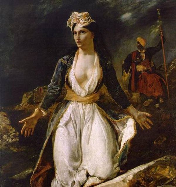 "Η Ελλάδα στα ερείπια του Μεσολογγίου" 1826, Ευγένιος Ντελακρουά, εμπνευσμένος από την τρίτη πολιορκία. Ελαιογραφία σε καμβά, Μουσείο καλών τεχνών στη Μπορντό