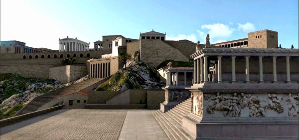 Αναπαράσταση της αρχαίας Περγάμου, Η Βιβλιοθήκης της είχε 200.000 έργα, από τα οποία μεγάλο μέρος μεταφέρθηκε στην Αλεξάνδρεια ως γαμήλιο δώρο του Μάρκου Αντώνιου στην Κλεοπάτρα