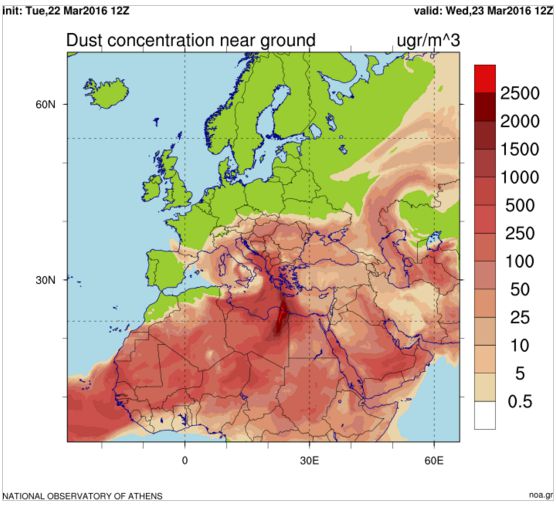 Χάρτης με την συγκέντρωση σκόνης στην Αττική