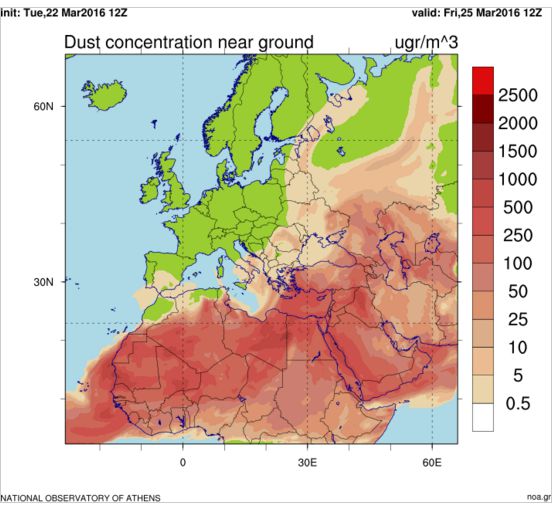Χάρτης με την συγκέντρωση σκόνης για την Παρασκευή 25/03