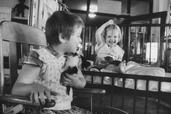 Δύο κοριτσάκια παίζουν με τα γατάκια του νοσοκομείου