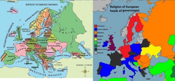 Αριστερα ο πολιτικός χάρτης της Ευρωπης και δεξιά ο θρησκευτικός χάρτης των ηγετών τον Απρίλιο του 2016