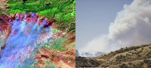 To 2003, το ASTER κατέγραψε την πυρκαγιά στο βουνό Cajon Pass, στη νότια Καλιφόρνια. Αριστερά η έκταση της πυρκαγιάς έχει καταγραφεί με μπλε χρώμα ενώ δεξιά είναι η πραγματική εικόνα. Ο απολογισμός ήταν 80 χιλιάδες κατεστραμμένα στρέμματα γης.