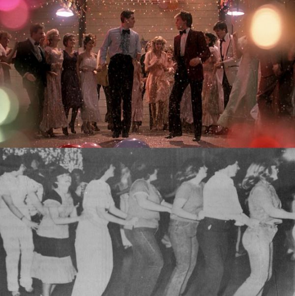 H σκηνή του χορού από την ταινία και κάτω ο πρώτος χορός της πόλης Έλμορ από τους μαθητές του Λυκείου το 1979