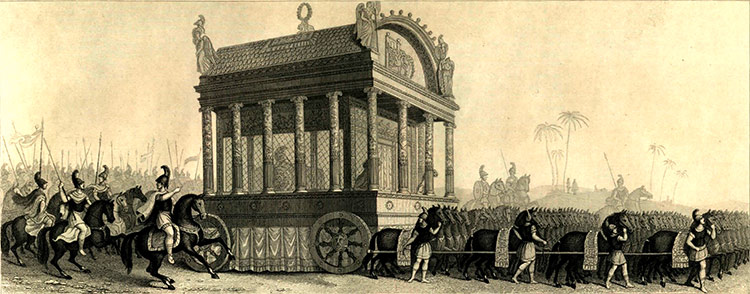 Απεικόνιση του 19ου αιώνα της νεκροπομπής του Μεγάλου Αλεξάνδρου σύμφωνα με τον Διόδωρο Η άμαξα είχε οροφή με πλάτος 3,70 επί 5,5 μέτρα. Σύμφωνα με την περιγραφή που έχει διασωθεί είχε αναρτήσεις για να αποφεύγονται οι κραδασμοί. 
