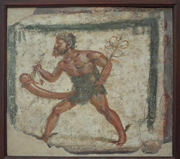 Ο Πρίαπος με φτερά στα πόδια, σαν τον Ερμή. Τοιχογραφία που βρέθηκε στην Πομπηία. Νάπολη, Εθνικό Αρχαιολογικό Μουσείο